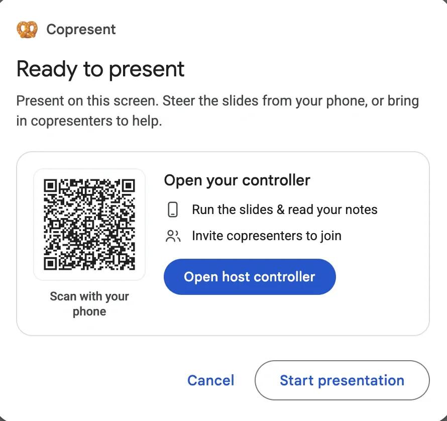 Google Slides dialog with the controller QR code and Open host controller button