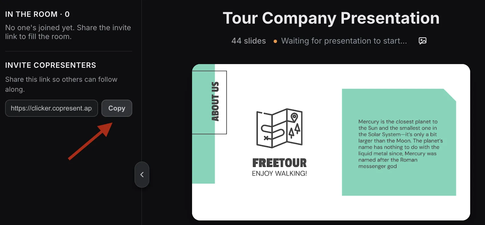 Copresent invitation panel for sharing a presenter link