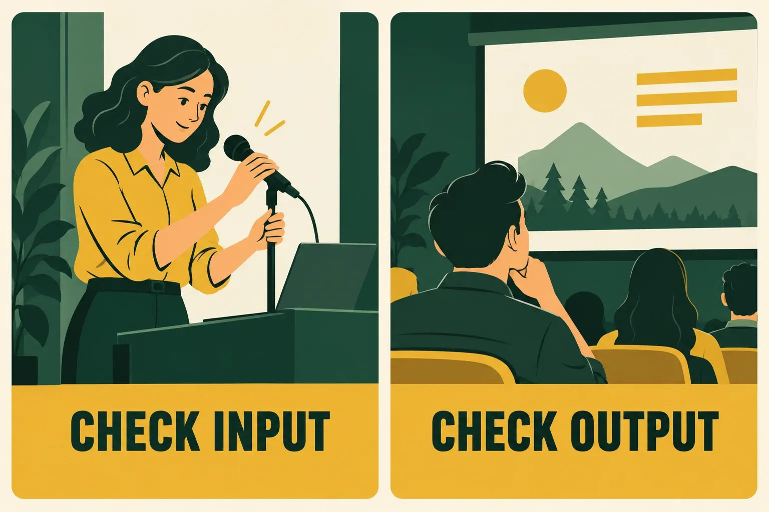 Two checks are illustrated: a presenter checks the microphone input, and an audience member checks the presentation display.