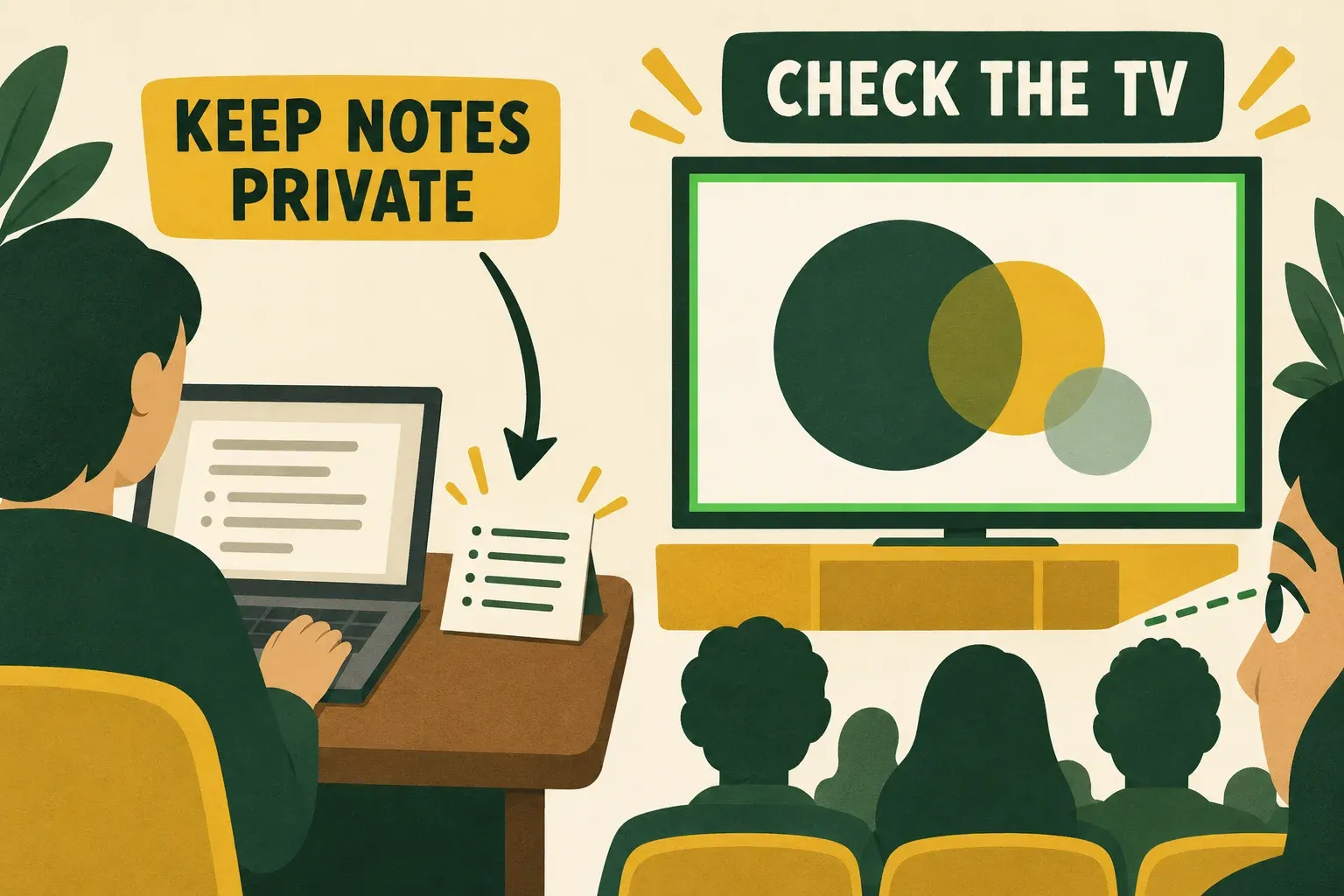 A private cue card beside the presenting laptop is separate from a television labelled Check the TV, showing only a slide.