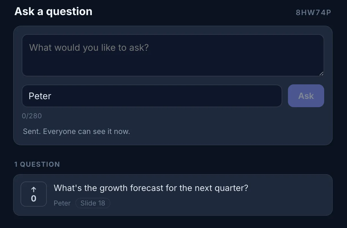 Audience question page with a question field, Ask button, and a submitted question about next quarter’s growth forecast tagged Slide 18 with an upvote button