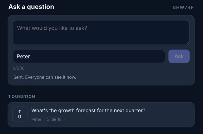 An audience member asks a question and can vote on questions