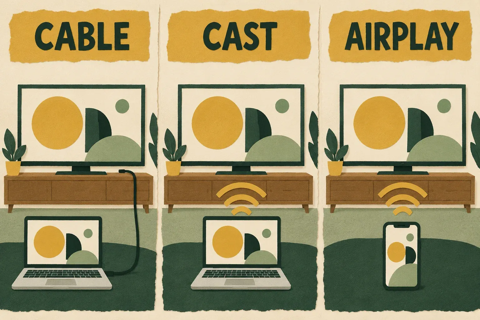 Three conceptual connection paths labelled Cable, Cast and AirPlay, connecting presenting devices to televisions.