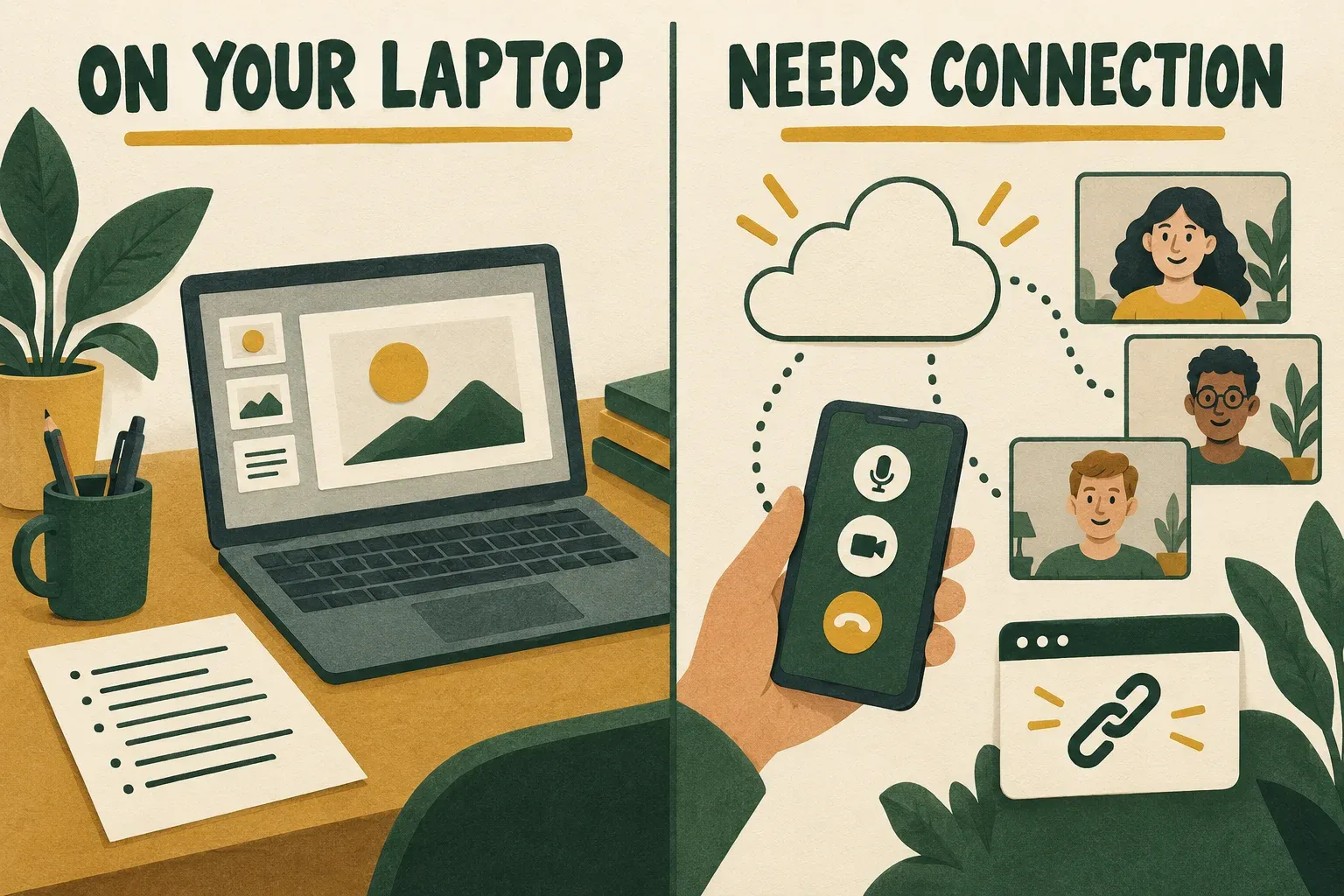 Local slide files and a paper cue sheet are separated from cloud-connected video calls and web links.