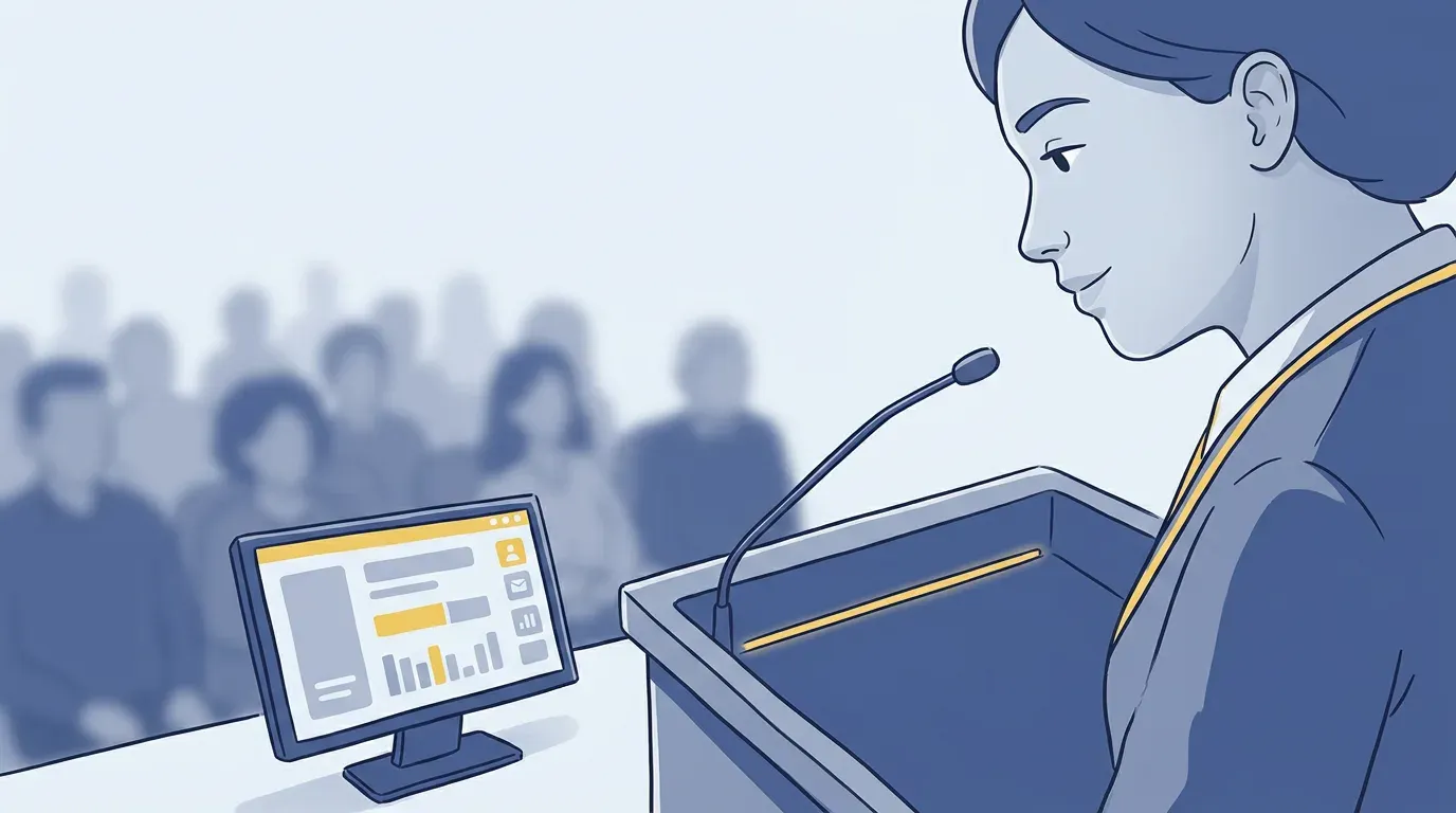 Presenter at podium with countdown timer visible on stage monitor for presentation pacing