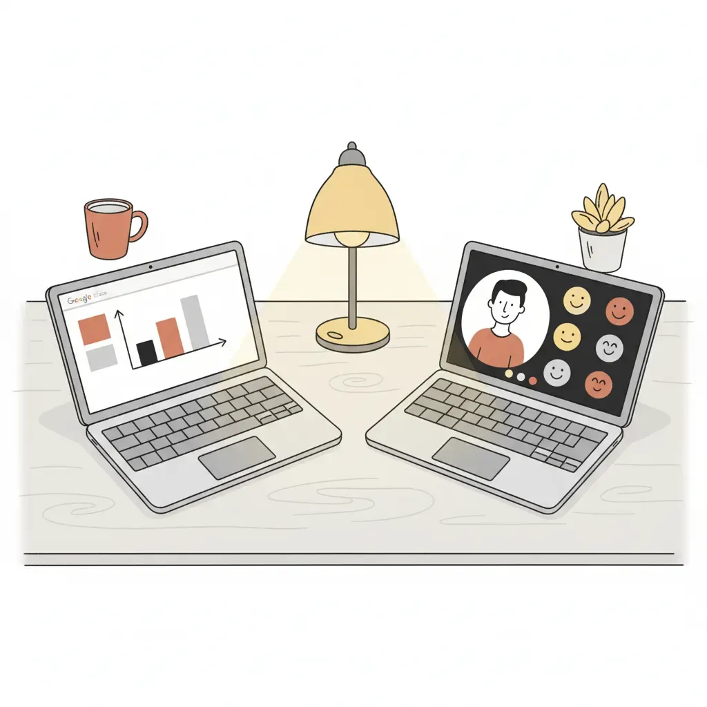 Two laptops on a table showing a video call with Google Slides open, demonstrating shared Google Slides co-presenter control setup.