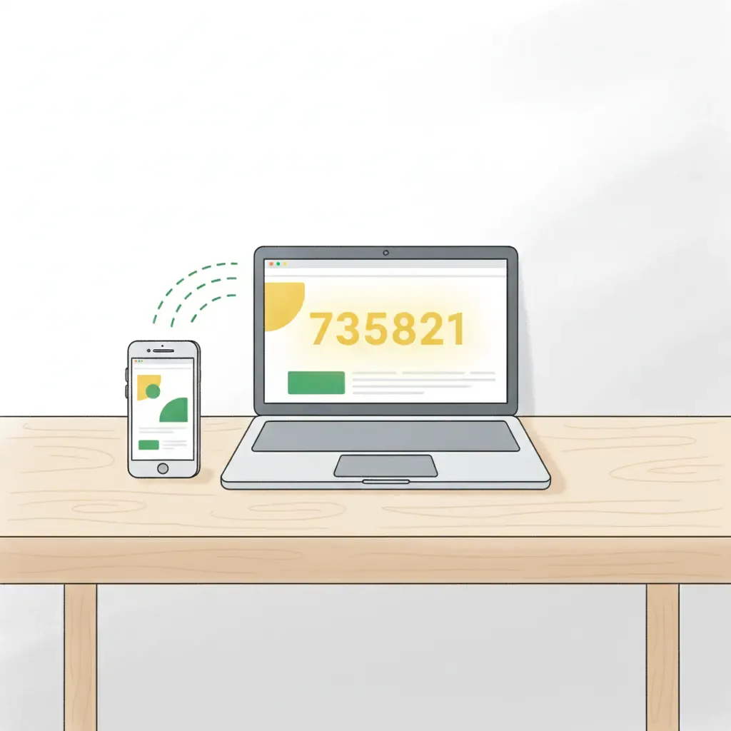 Smartphone and laptop paired together for Google Slides remote control via 6-digit code, no app required.