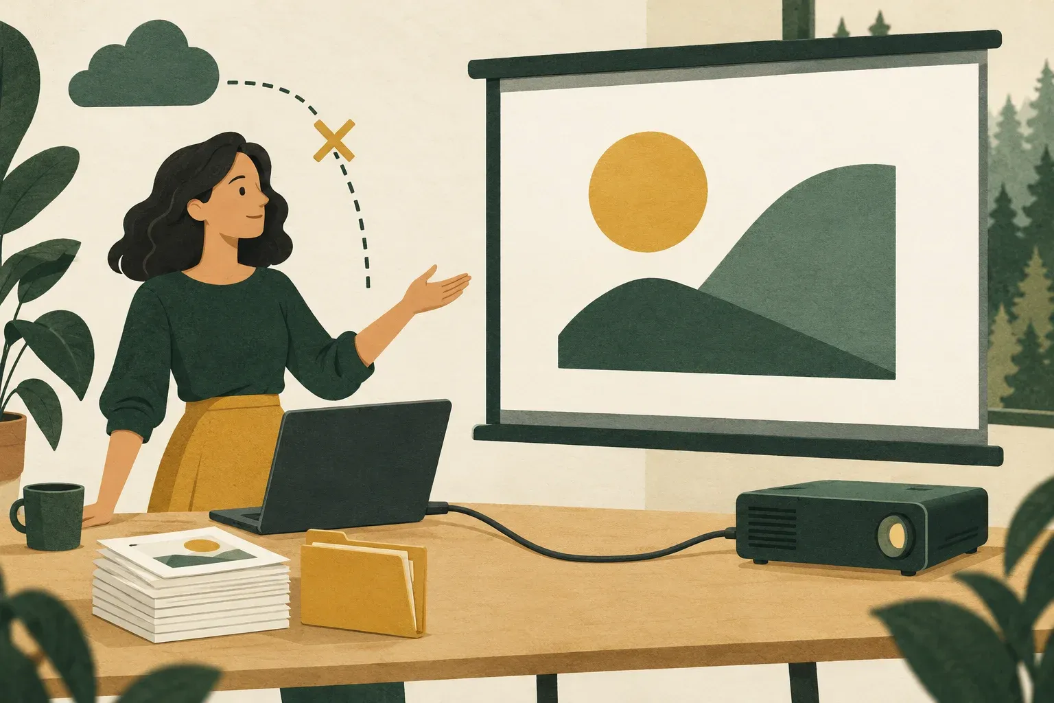 A presenter uses a cabled projector beside a laptop and backup papers while a cloud connection is unavailable.