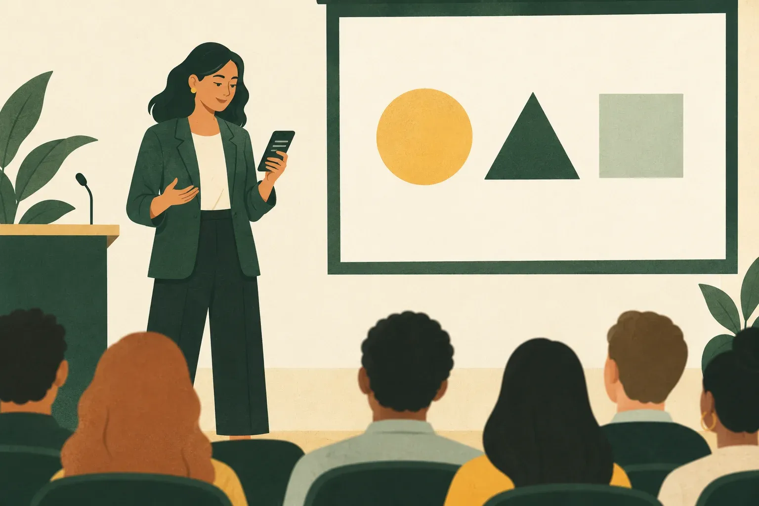 Presenter reading private cues on a phone beside an audience screen displaying only slides.