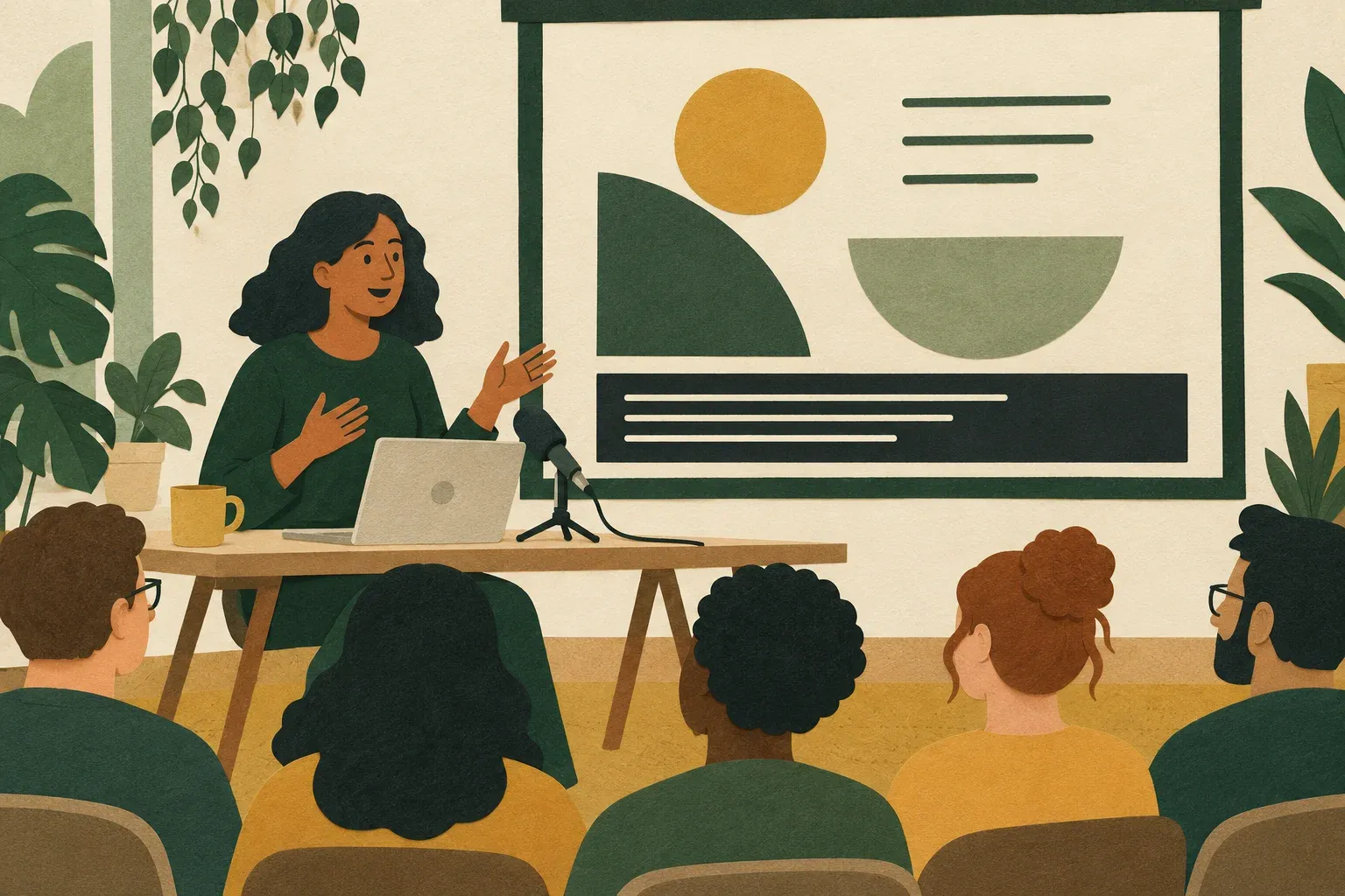 A speaker uses a laptop and external microphone while an audience watches a slide with a caption strip.