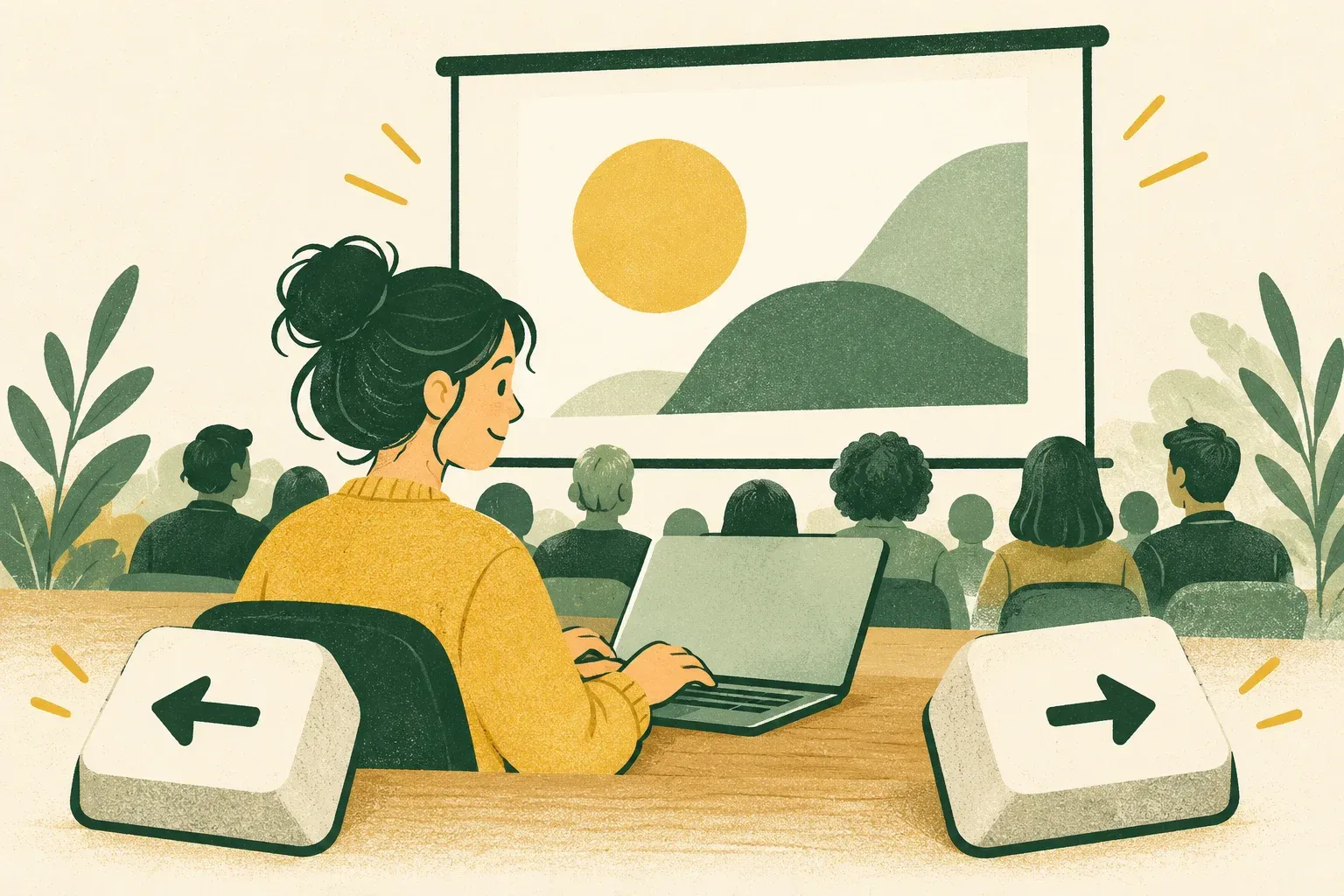A presenter uses a laptop keyboard beside a separate audience display, with arrow keys illustrating navigation.