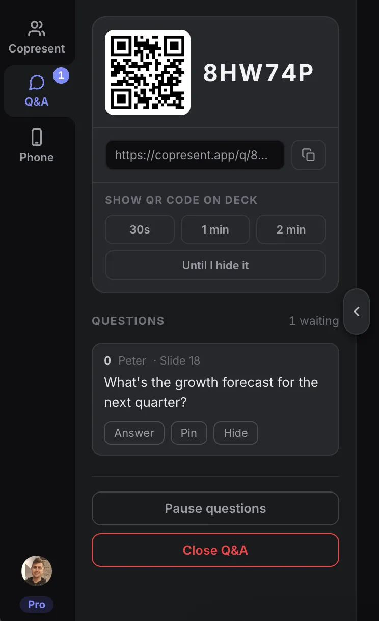 Copresent Q&A panel with an audience QR code, link, display-duration buttons, and a question with Answer, Pin, and Hide controls