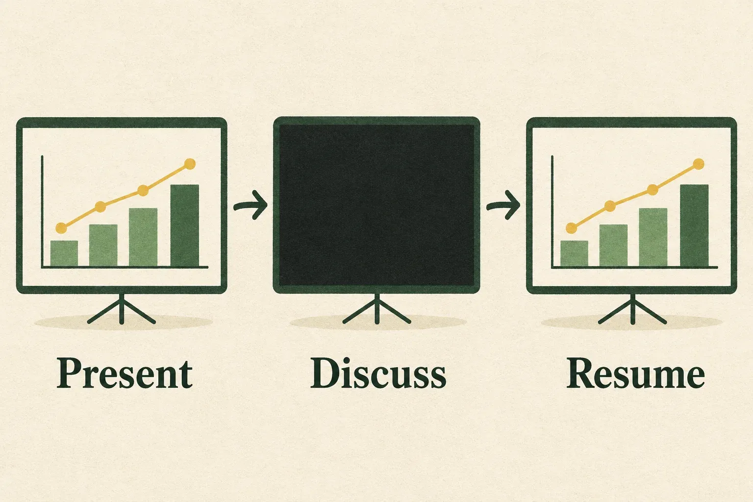 Three illustrated stages show a content slide, a blank dark display during discussion, and the content slide restored.