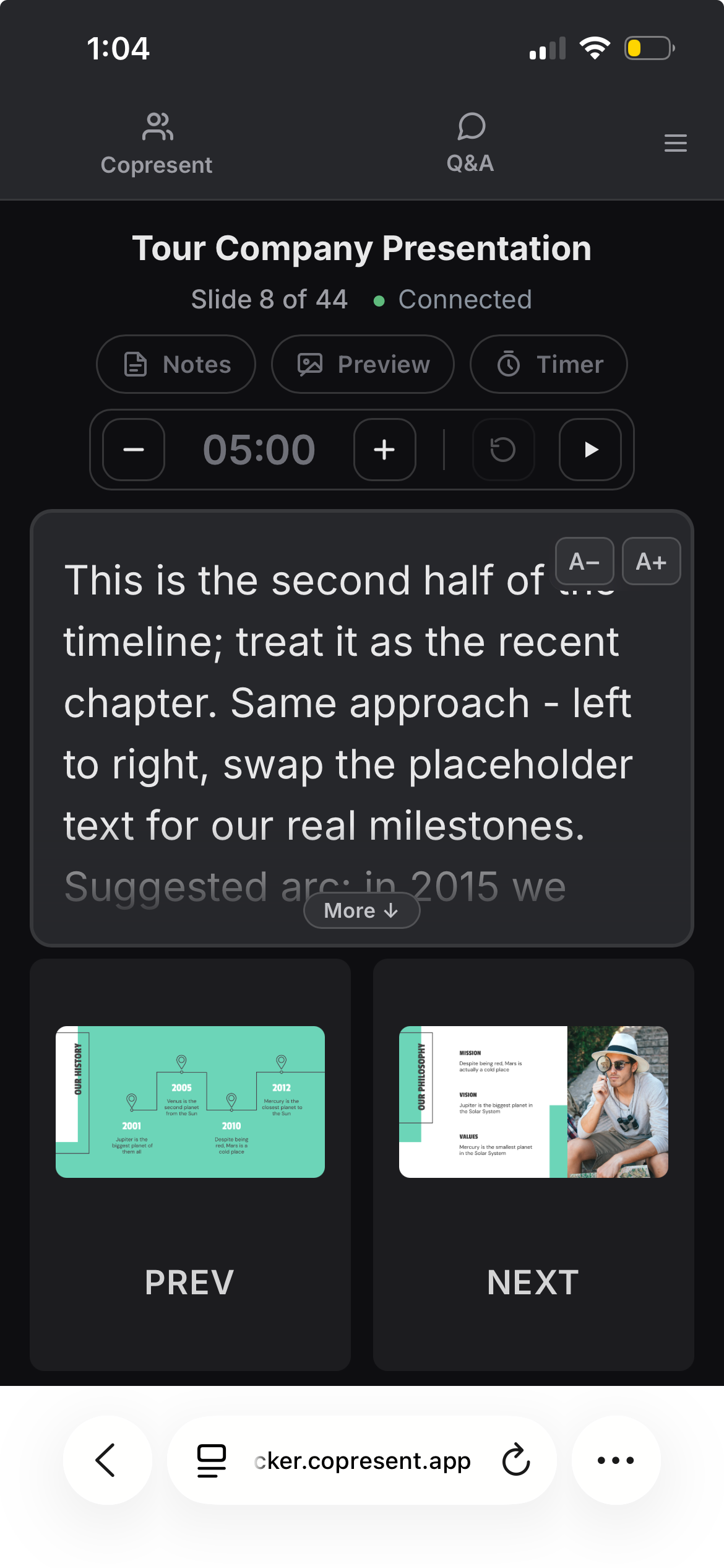 Copresent on a phone, with speaker notes, a personal timer, slide previews, and previous and next controls