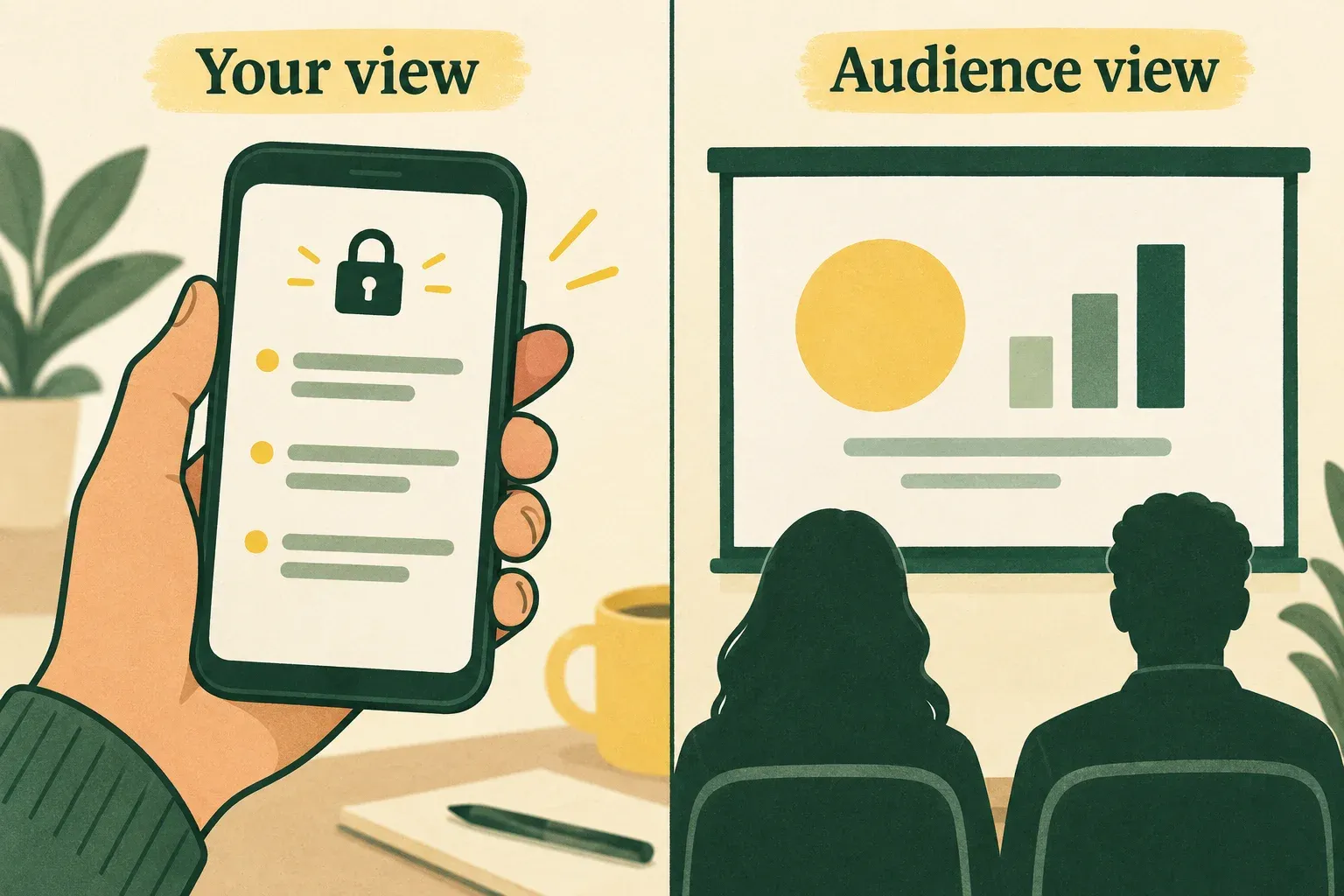 Private notes on a phone held by the presenter, contrasted with an audience view containing only the slide.