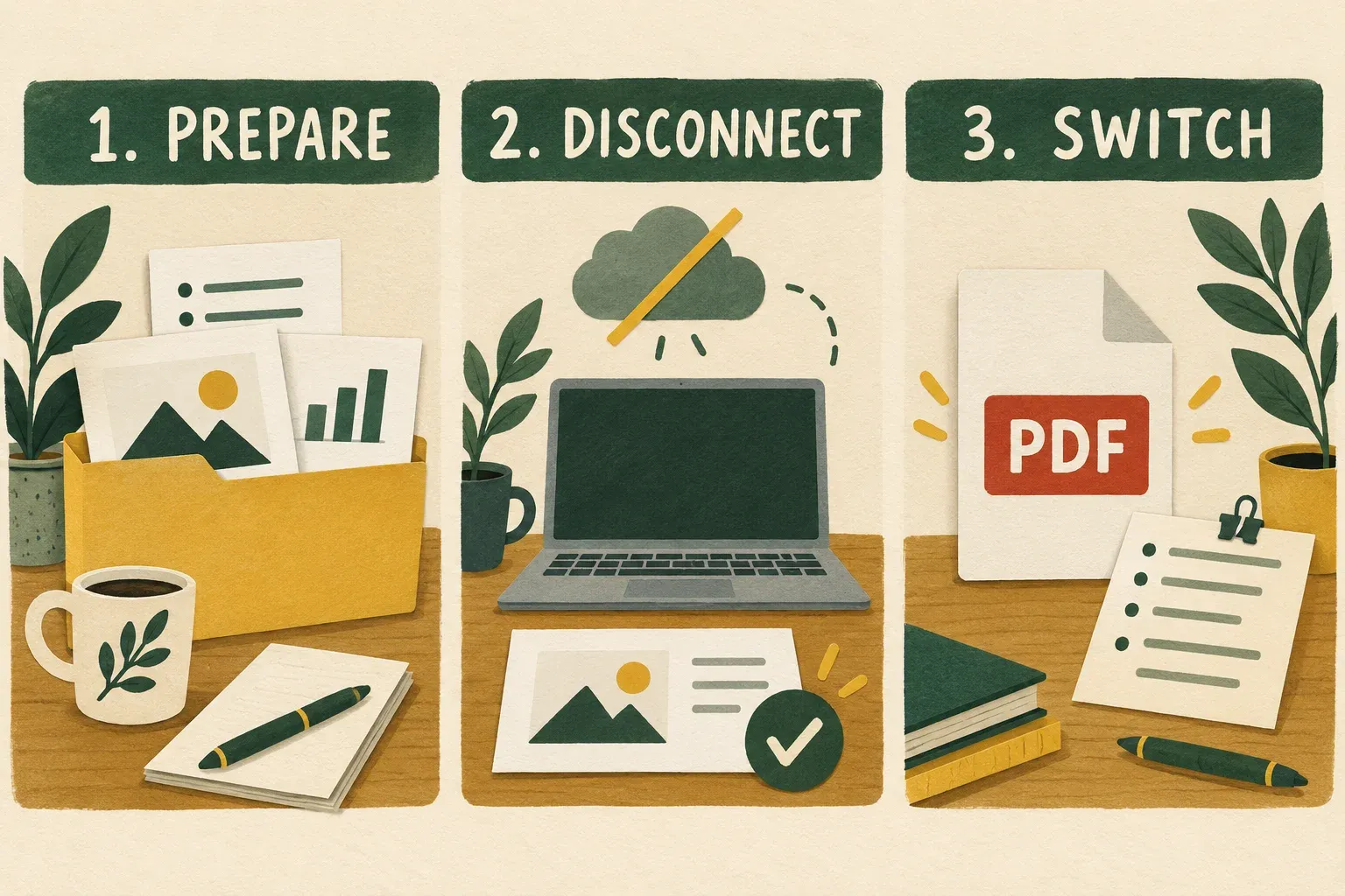 Three rehearsal cards show preparing files, checking the talk without a connection, and switching to a local backup.