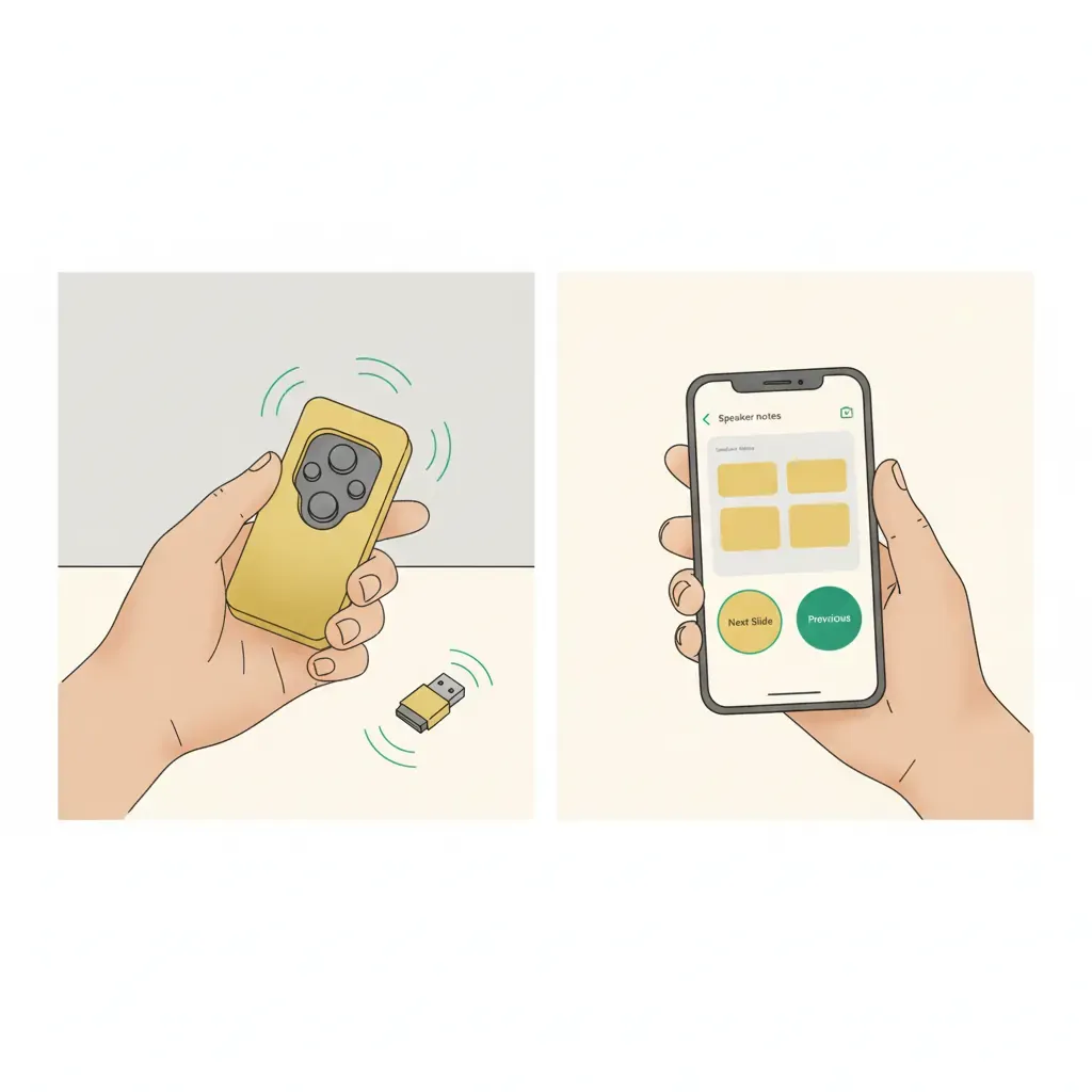 Phone-based Google Slides remote versus traditional hardware clicker for presentation control.
