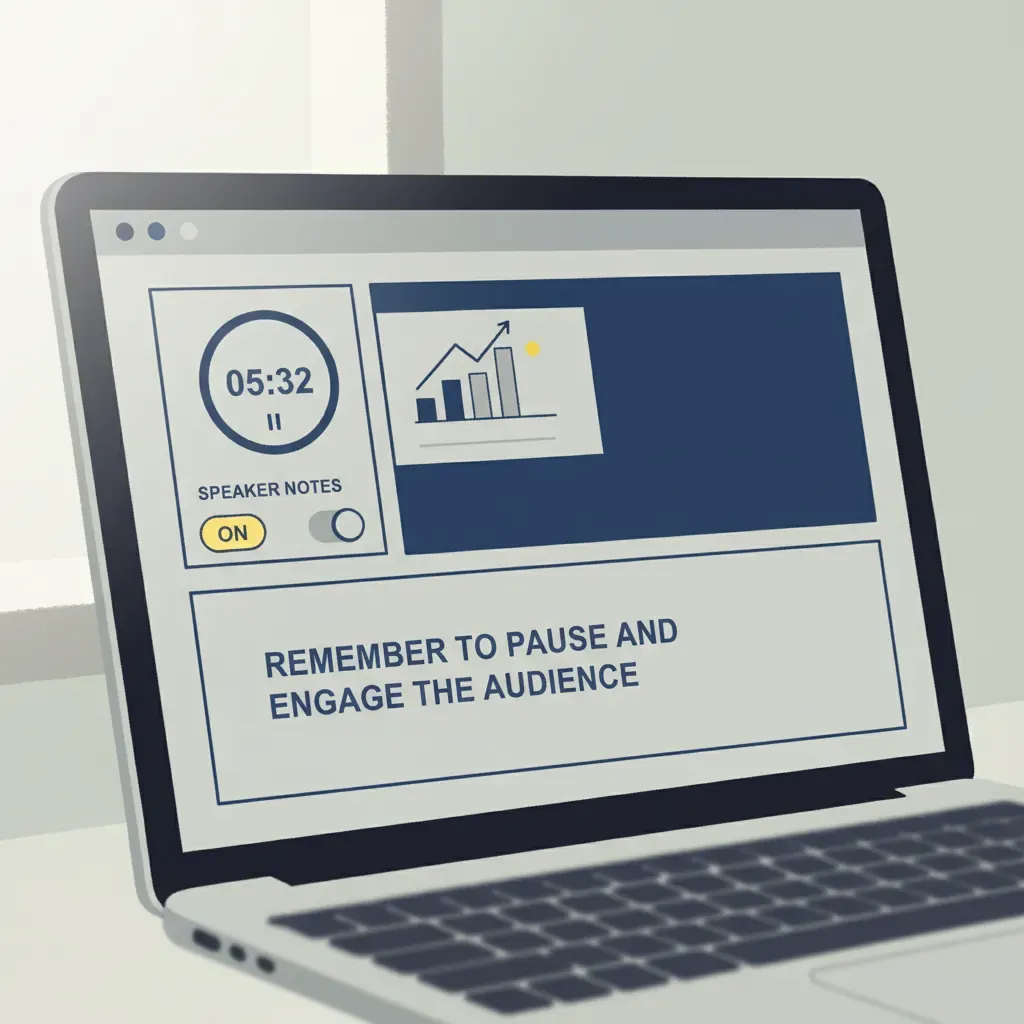 Google Slides Presenter View dashboard showing speaker notes, timer, and slide preview panels