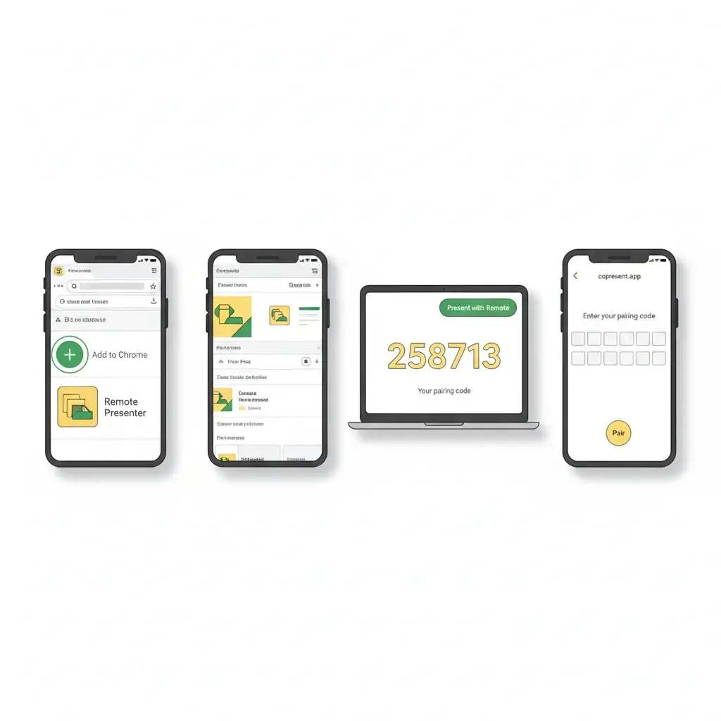 Step-by-step setup sequence for connecting phone to Google Slides remote control without an app.
