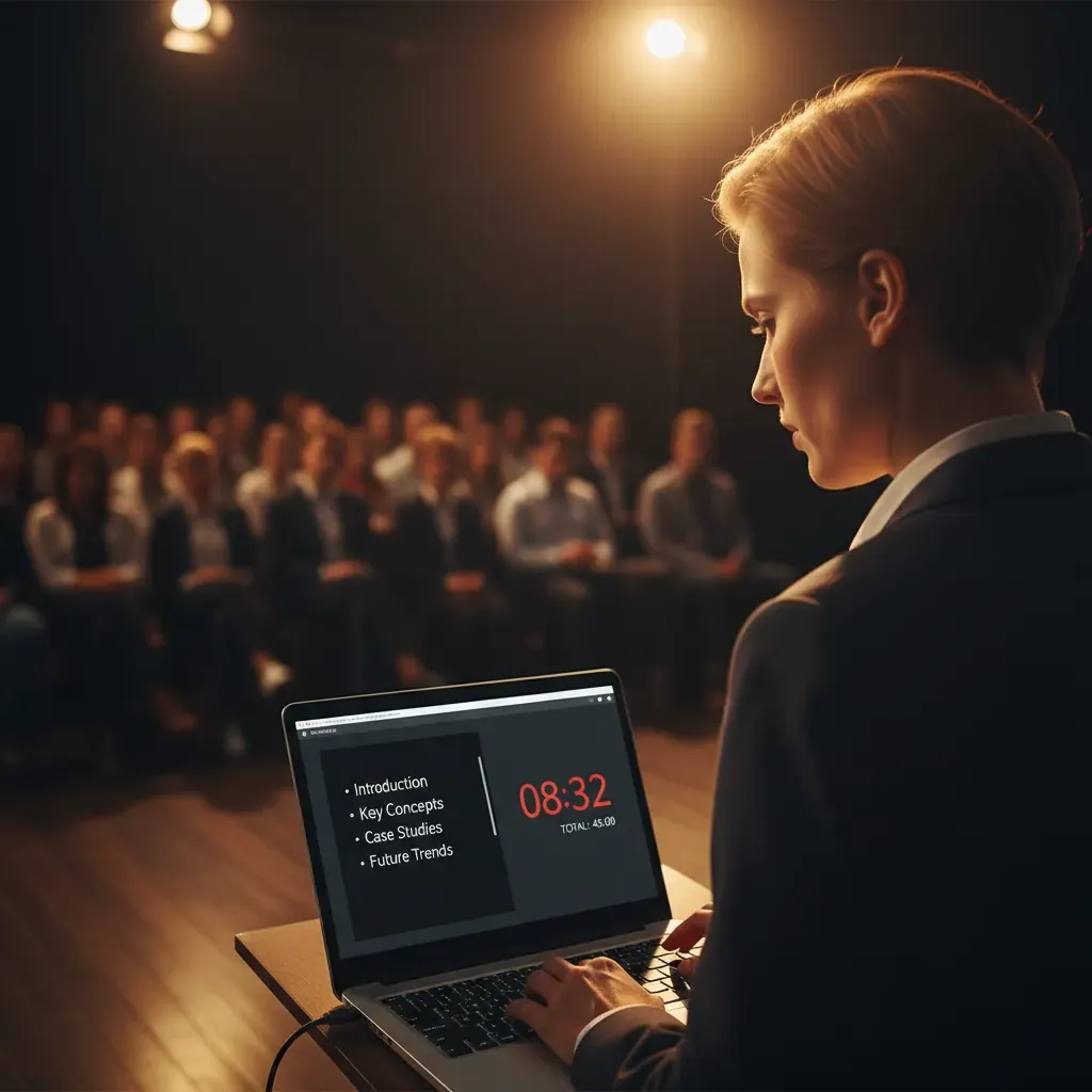 Presenter using speaker notes and timer in presenter view during a live presentation