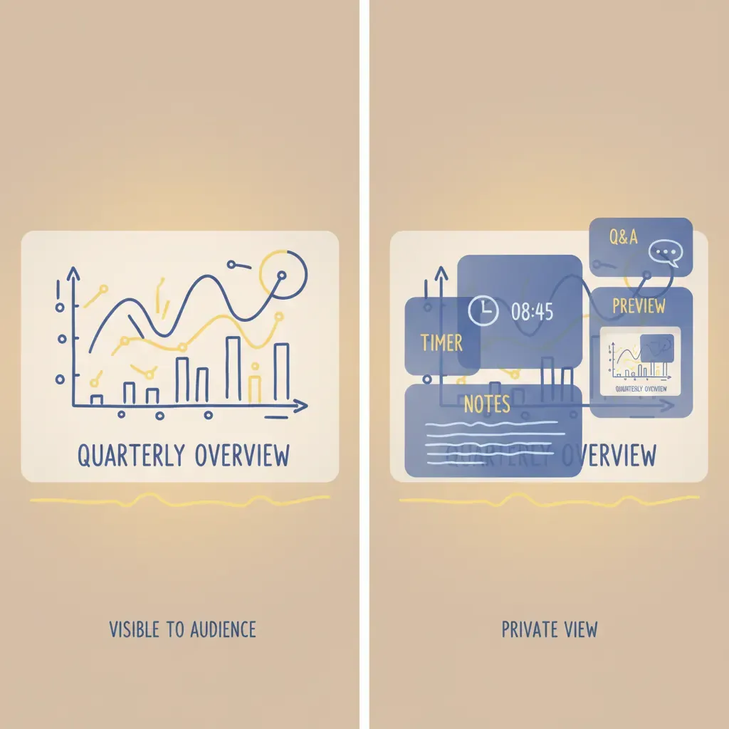 Comparison of Slideshow view versus Presenter View layouts and information panels