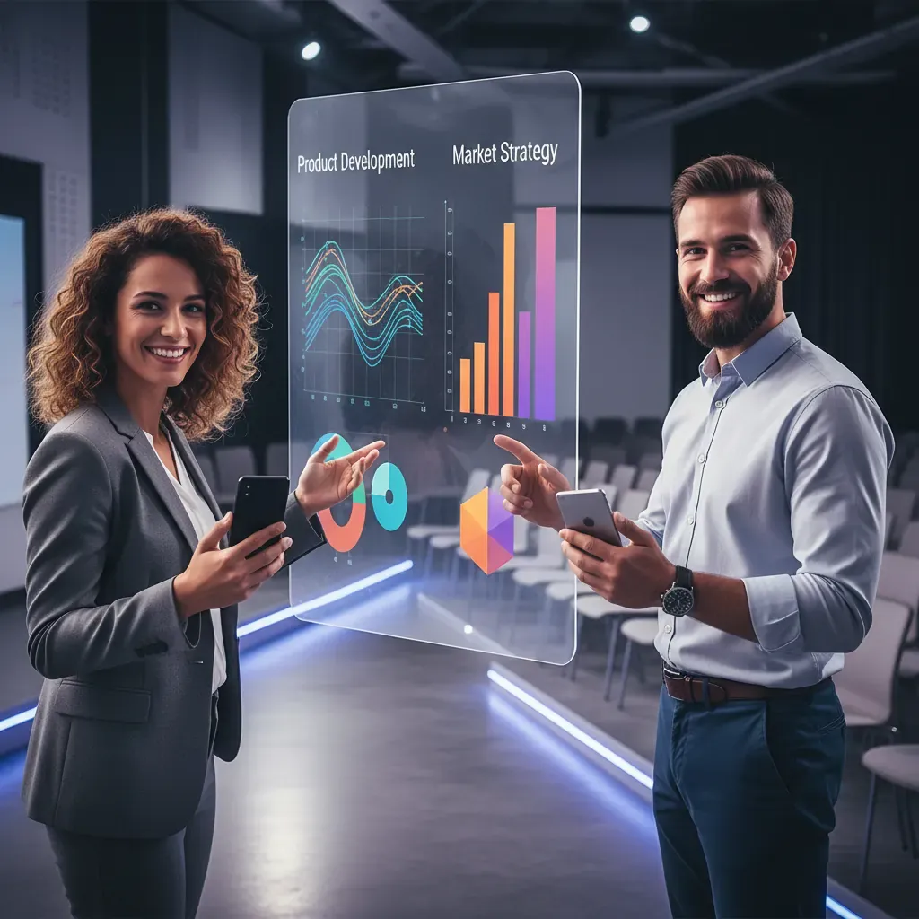 Two co-founders each using mobile phones to control shared slide advancement during a pitch