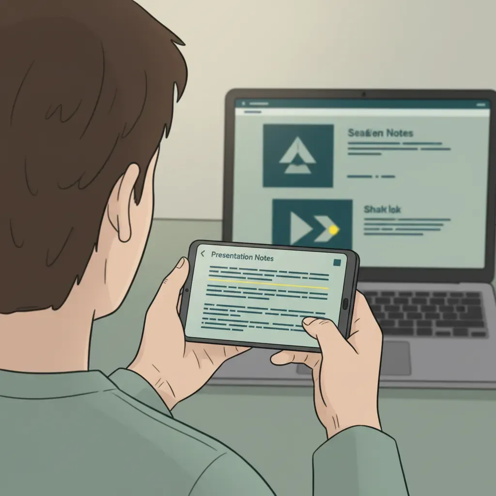 Person using phone as wireless presenter remote while laptop displays full-screen slides