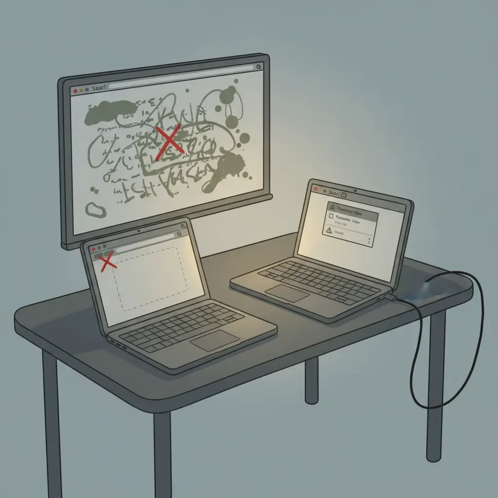 Three common Presenter View troubleshooting scenarios: mirrored display, wrong browser, collapsed notes panel