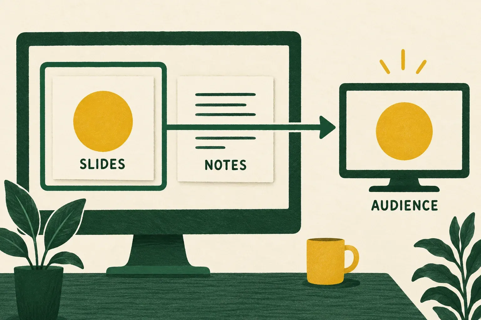 A green sharing boundary surrounds the slide card while the notes card remains outside it, with only the slide sent to the audience.