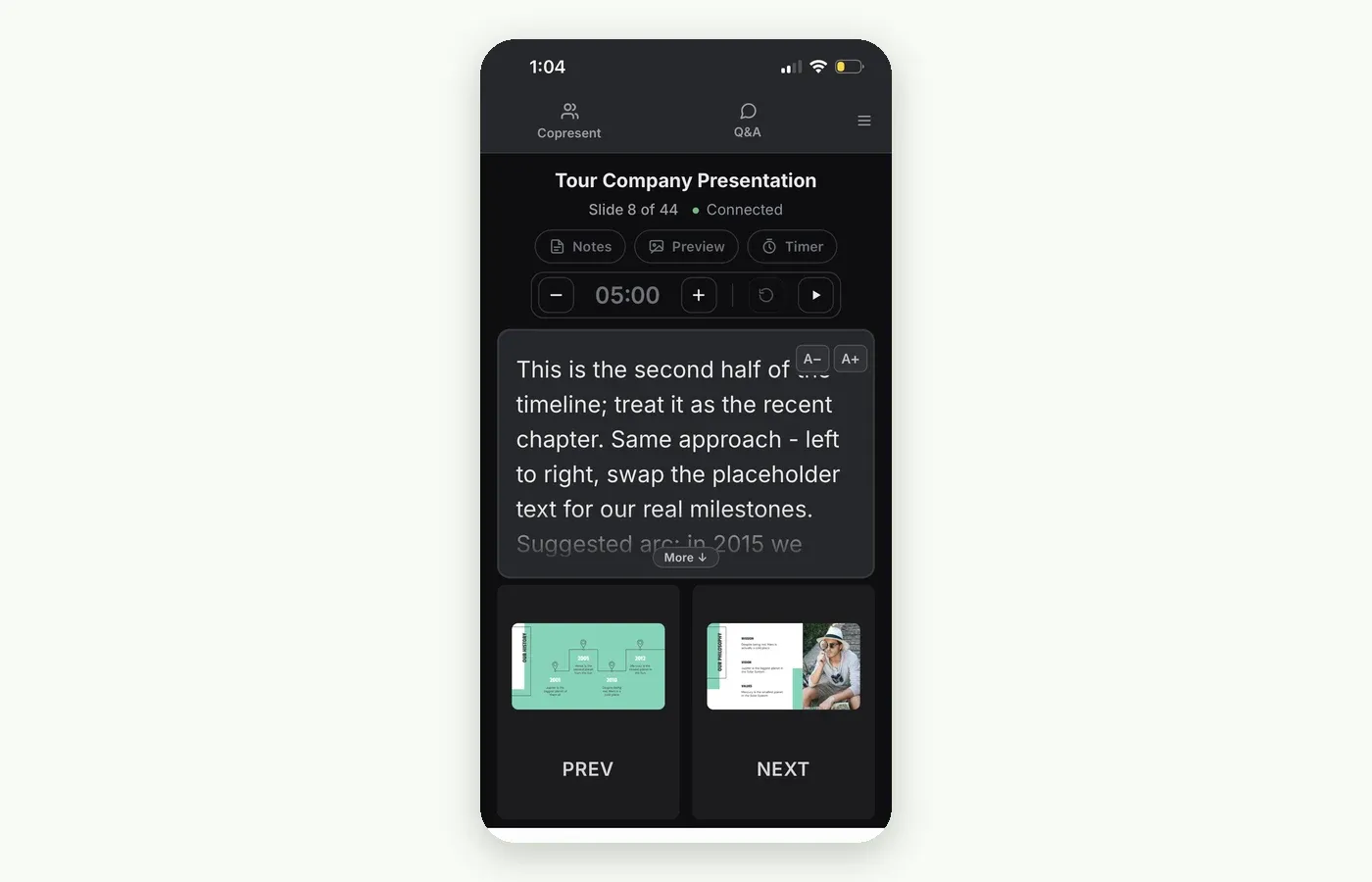 The Copresent controller on an iPhone, showing speaker notes with font size buttons, a 5-minute timer, and Prev and Next slide previews.