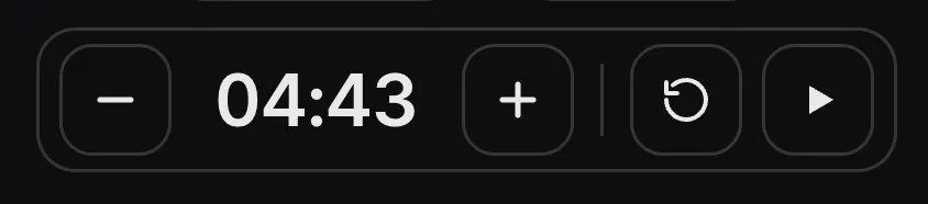 Copresent timer showing 4 minutes 43 seconds remaining, with minus, plus, reset, and play controls