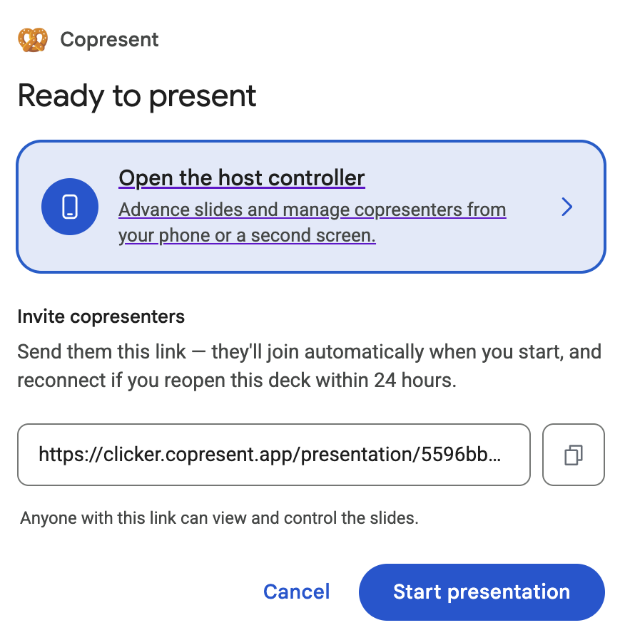 The Ready to present dialog with Open the host controller